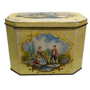 Huntley & Palmers Biscuit Tin Victorian Fishing Scene Octagonal Yellow MCM Vtg